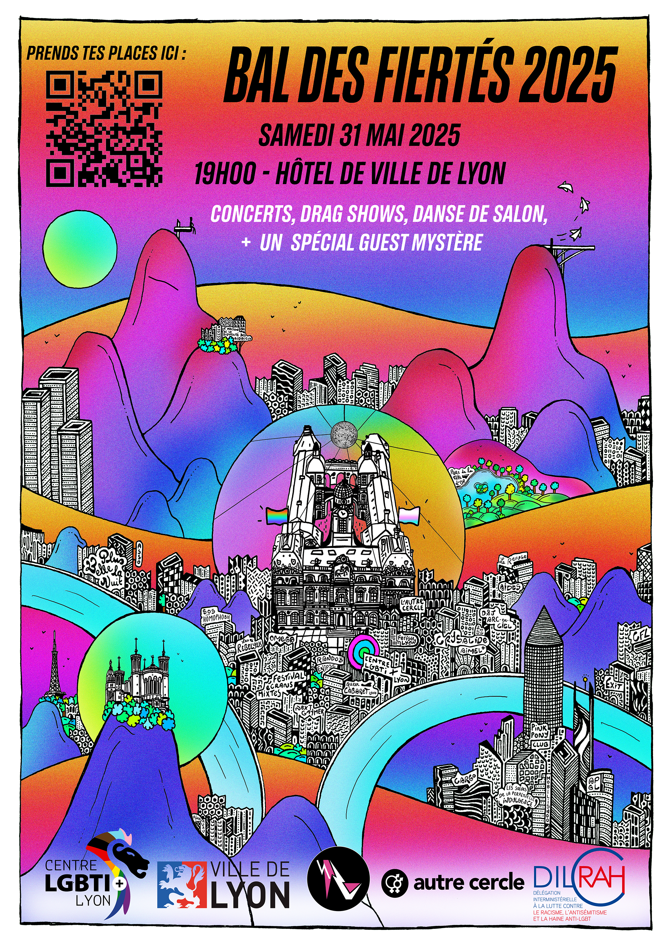 Image principale du Bal des Fiertés, représentant une carte stylisée de Lyon dessinée par l'artiste Alcatela.